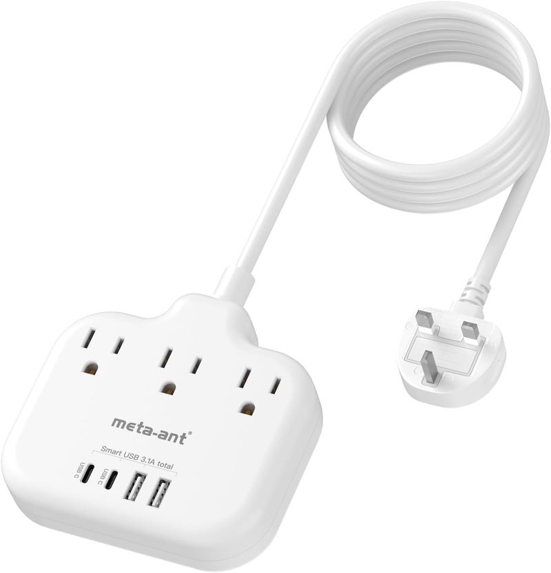 meta-ant Type G Adapter for Travel, US to UK Travel Adapter with 3ft Extension Cord,3 Outlets 4 USB(2 USB-C), Type G UK Ireland Travel Plug Adapter to British Scotland England London Hong Kong Dubai - Image 1